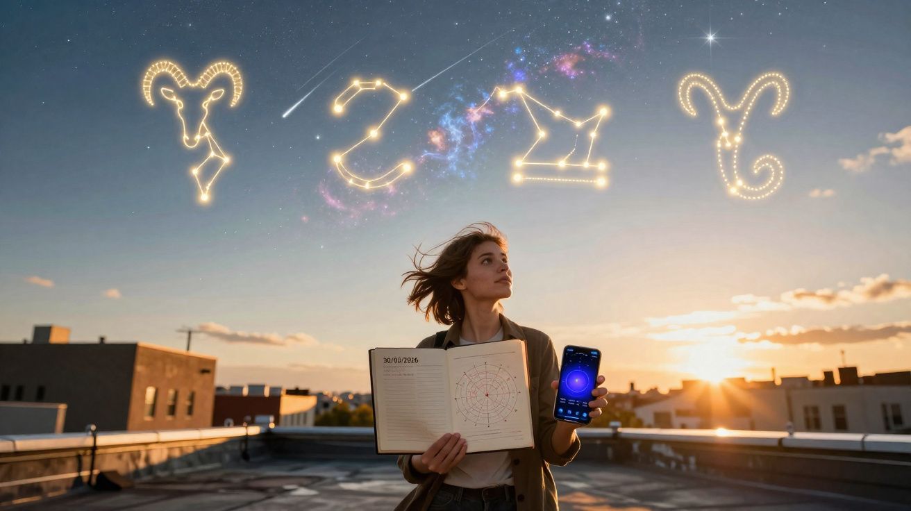 Mulher numa varanda ao pôr do sol, segurando caderno com mapas astrológicos e telemóvel, constelações no céu.