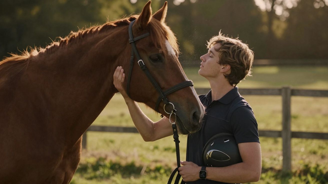 Rapaz a acariciar um cavalo castanho num campo com cerca de madeira ao fim da tarde.