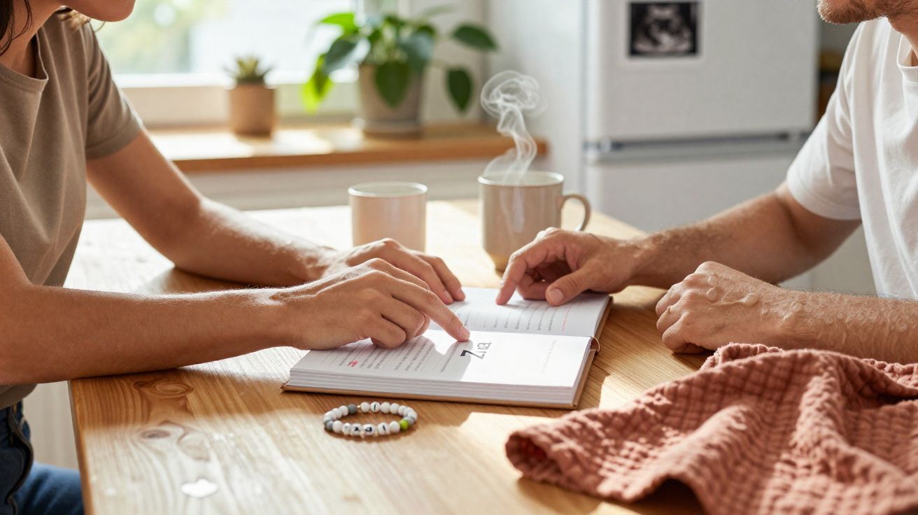 Duas pessoas sentadas à mesa, com um livro aberto e duas chávenas de café com vapor.