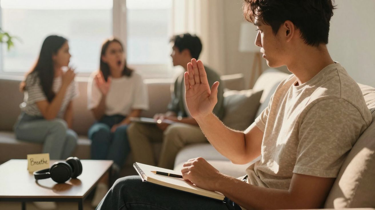 Homem com mão levantada numa sessão de grupo, enquanto três pessoas discutem ao fundo no sofá.