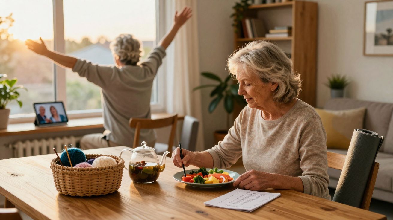 Duas mulheres idosas em casa, uma a almoçar à mesa e outra a esticar os braços junto à janela ao pôr do sol.