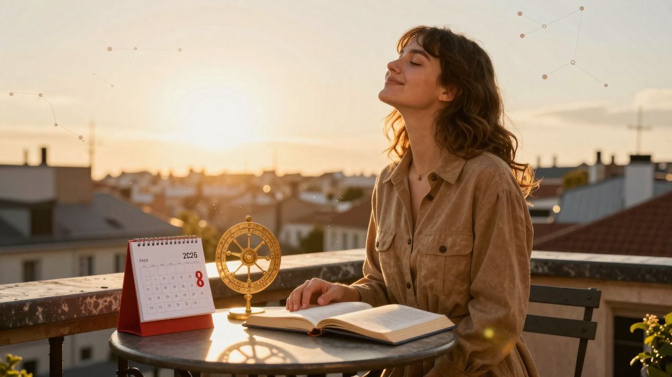 Mulher sentada ao ar livre ao pôr do sol com livro aberto, calendário e um objeto dourado numa mesa redonda.