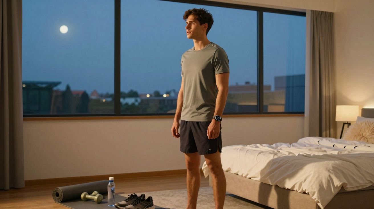 Homem em roupa desportiva em quarto moderno, com tapete de yoga, halteres e garrafa de água no chão.