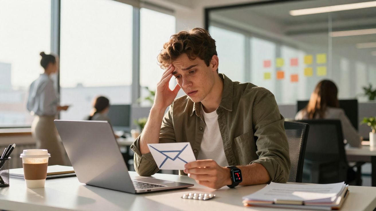 Homem preocupado a trabalhar no escritório segurando carta enquanto olha para o computador portátil.