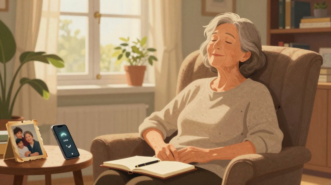 Idosa sentada a relaxar numa poltrona, com livro aberto e telemóvel na mesa ao lado, em sala iluminada.