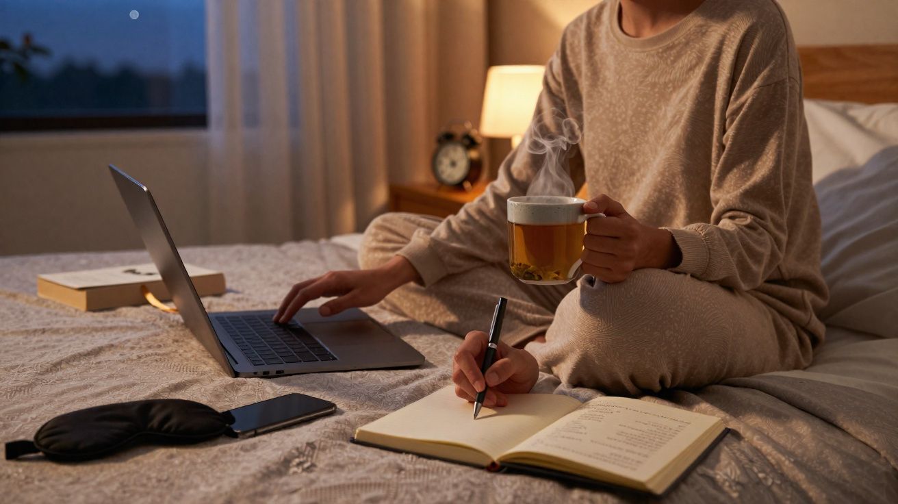 Pessoa em pijama a escrever num caderno e usar um portátil, segurando uma chávena de chá numa cama à noite.