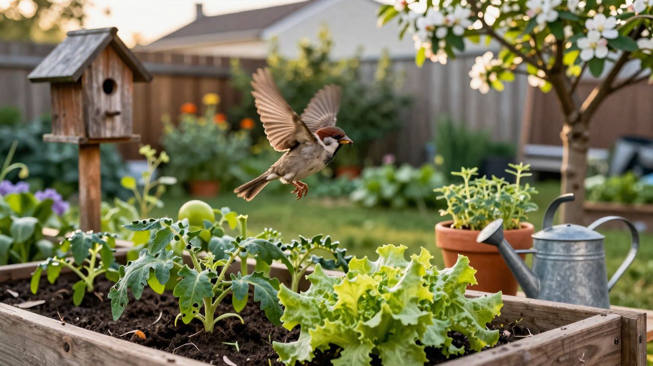 Pardal em voo sobre canteiro com alface, regador e casinha de pássaros num jardim ensolarado.