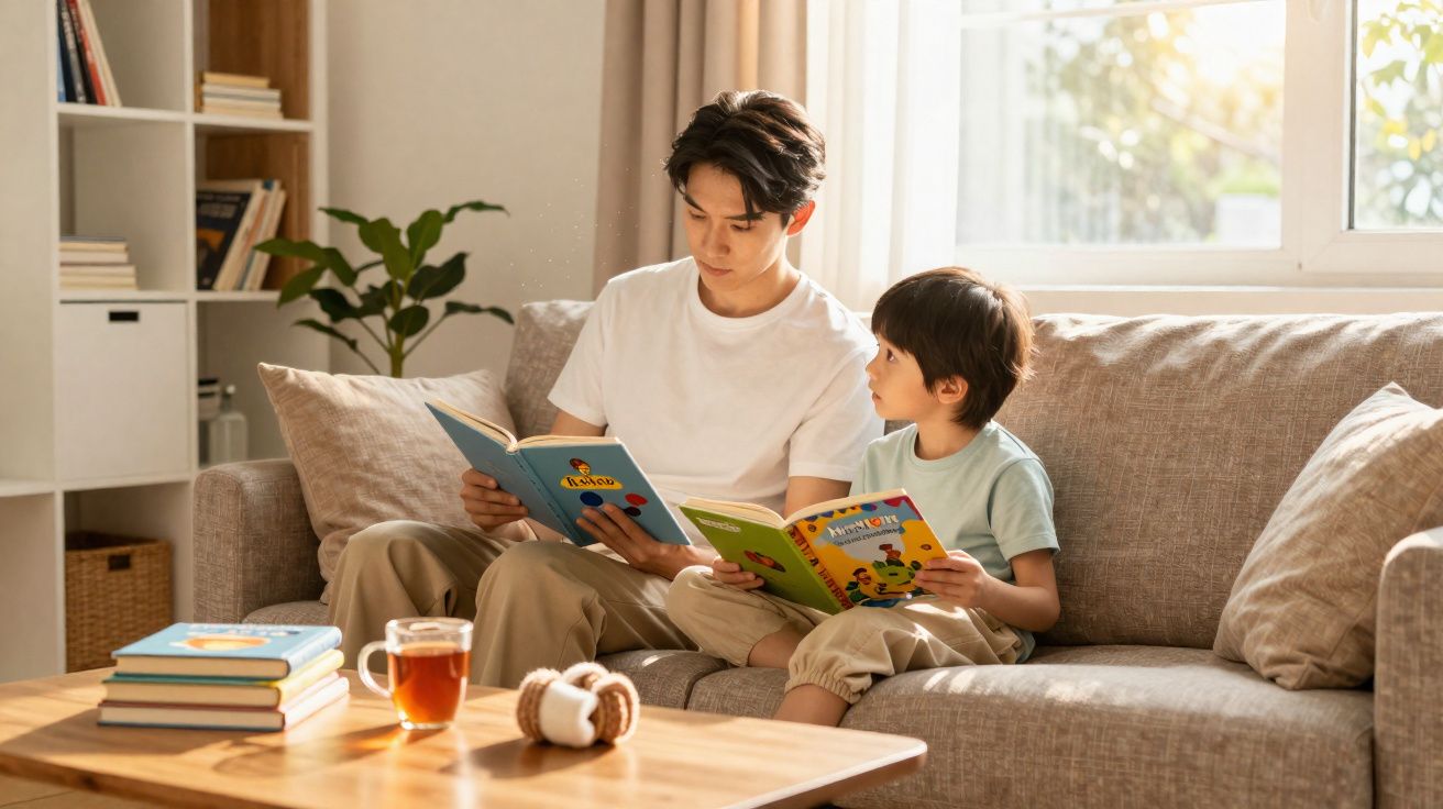 Homem e menino sentados no sofá a ler livros ilustrados juntos numa sala iluminada e acolhedora.