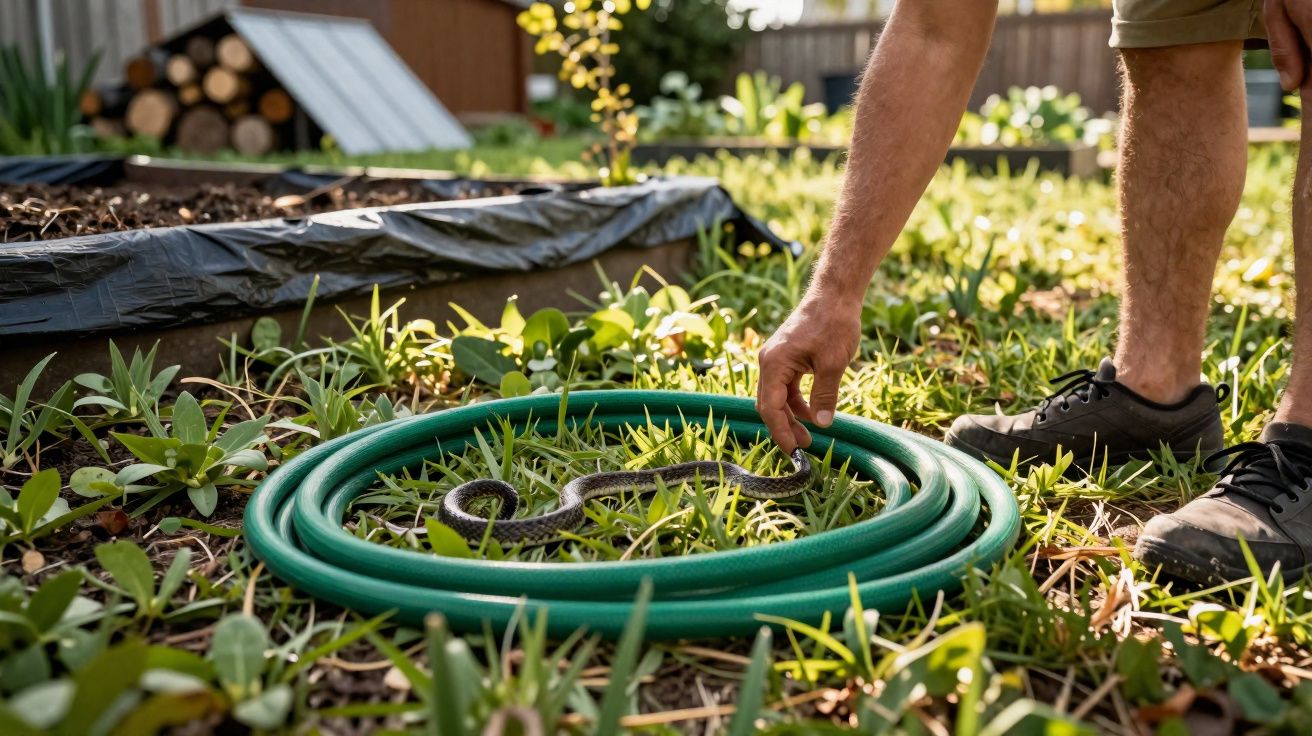 Pessoa a recolher uma cobra enrolada dentro de uma mangueira num jardim com vegetação.