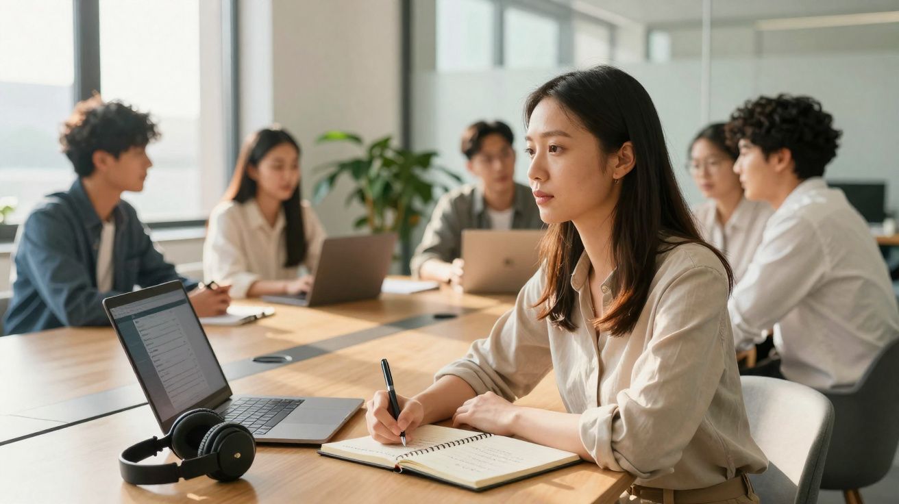 Grupo de jovens em reunião de escritório, uma mulher a fazer apontamentos num caderno.