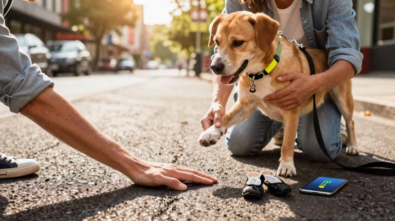 Cão com coleira amarela a dar a pata a pessoa numa rua, com entradas de sapatos e smartphone no chão.