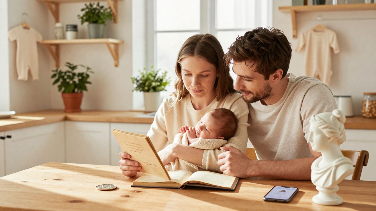 Casal lê livro enquanto segura bebé numa cozinha luminosa e acolhedora com plantas e decoração minimalista.