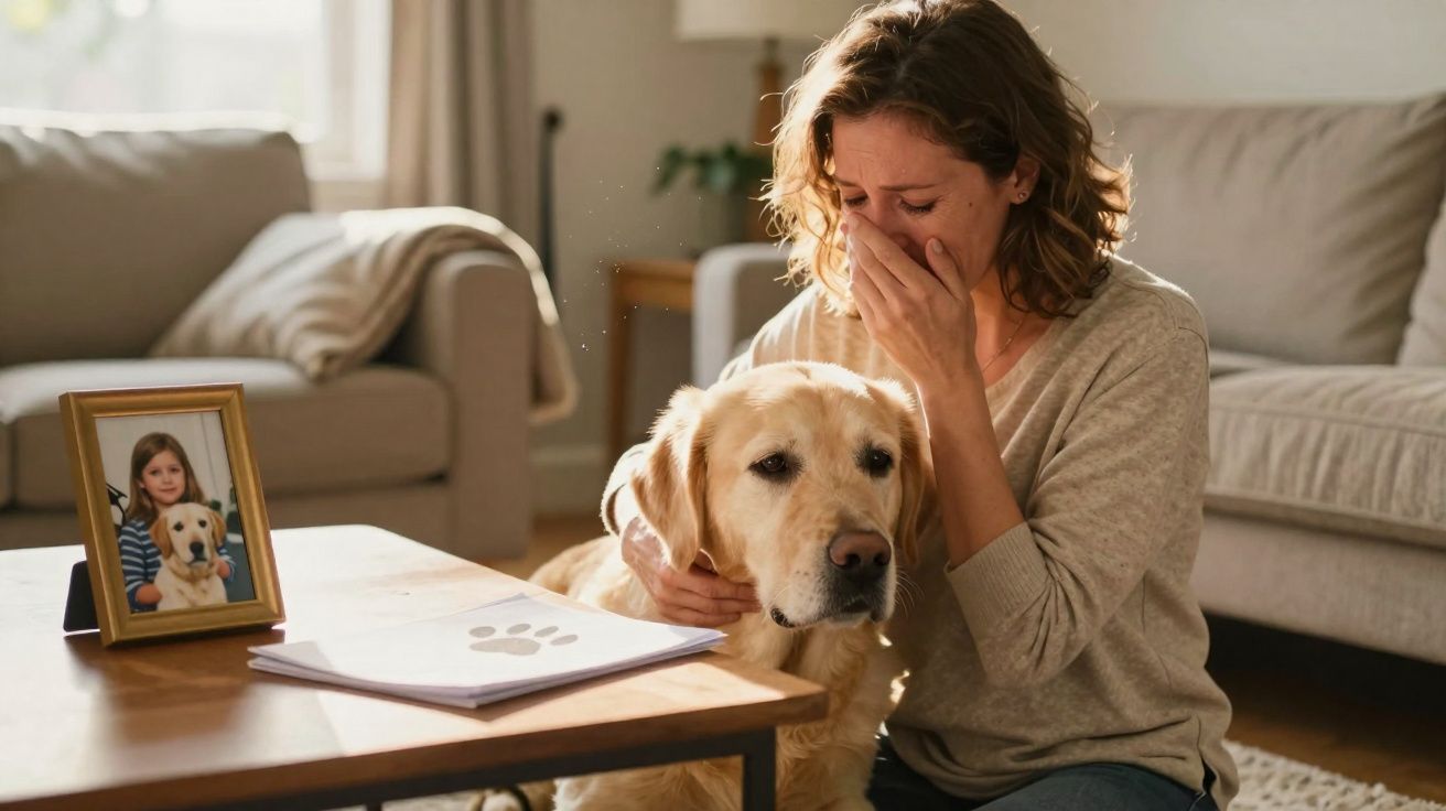 Mulher emocionada abraça um cão dourado no chão da sala, com foto do cão e menina na mesa.