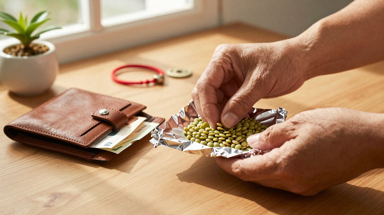 Mãos a segurar vagens verdes sobre folha de alumínio numa mesa com carteira, dinheiro e planta ao fundo.