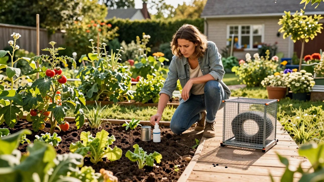 Mulher num jardim, a cuidar de plantas e a aplicar produtos no solo junto a tomateiros e alfaces.