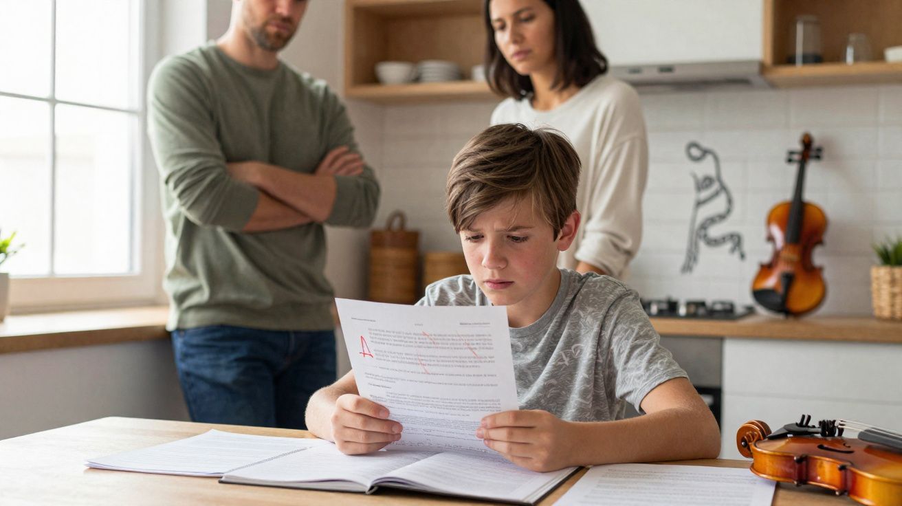 Rapaz preocupado a ler um papel, com dois adultos atrás, numa cozinha com violino em cima da mesa.