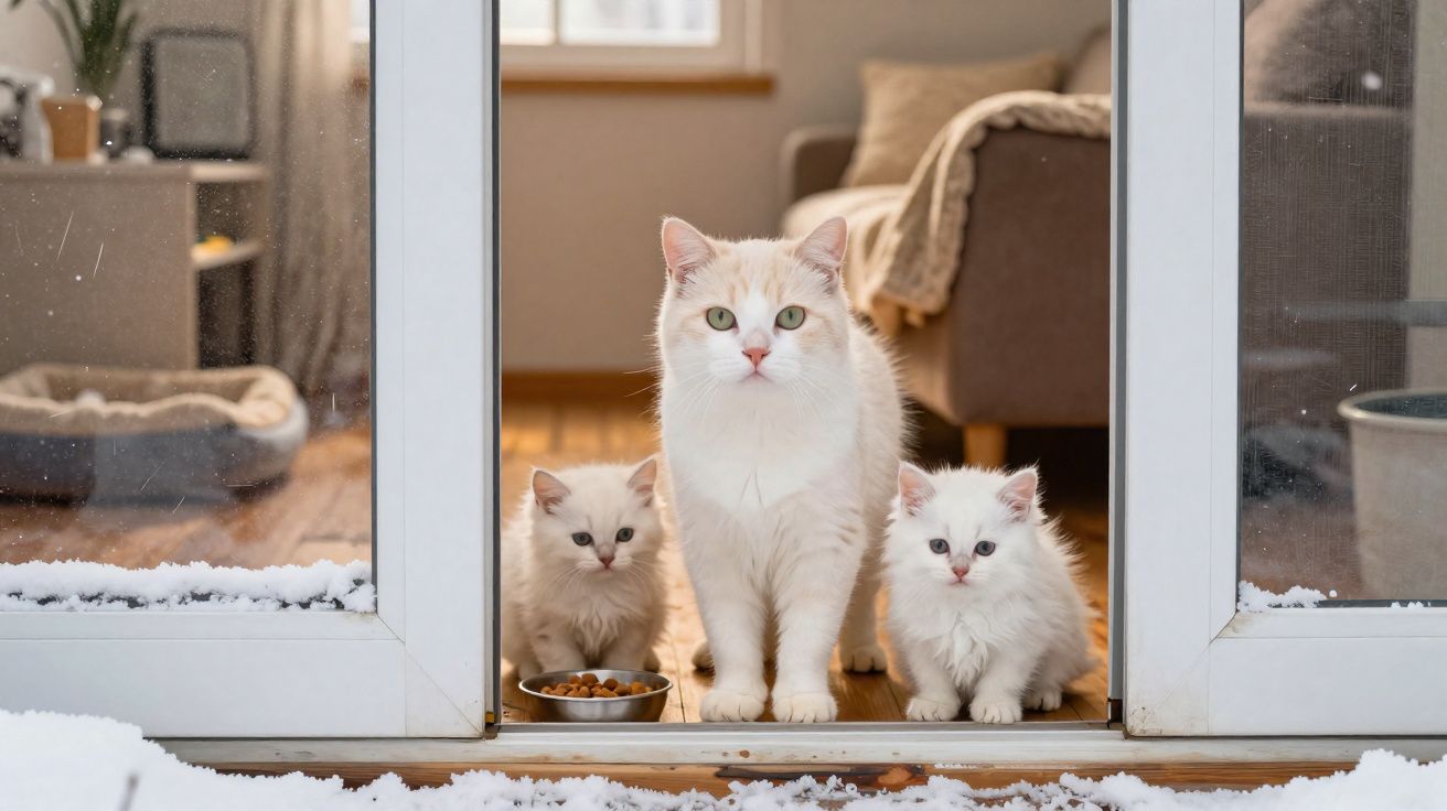 Gata com dois gatinhos pequenos à porta entre um interior acolhedor e um exterior com neve.