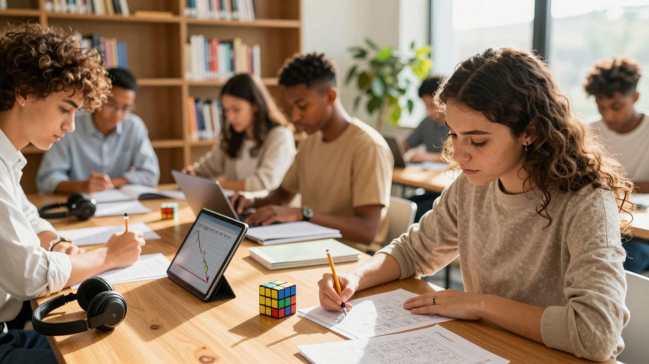 Grupo de jovens estudantes a estudar e escrever num ambiente luminoso e moderno.