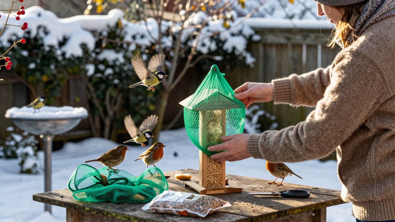 Pessoa de suéter a alimentar pássaros num comedouro de madeira durante o inverno com neve no jardim.
