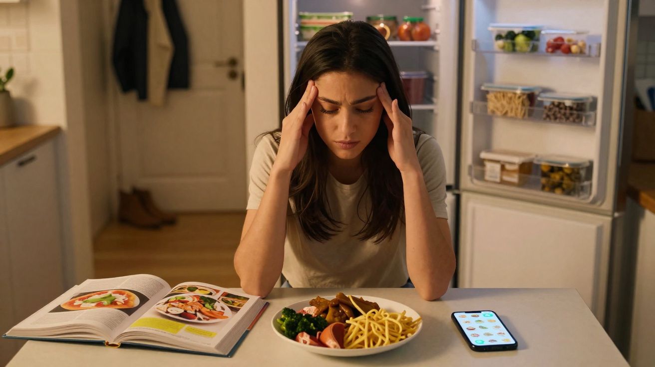 Mulher sentada à mesa com expressão preocupada, olhando para um prato de comida, livro aberto e telemóvel.