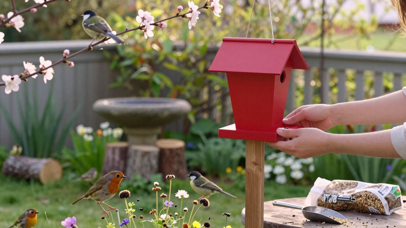 Pessoa a colocar uma casinha vermelha para pássaros num jardim com flores e aves ao redor.
