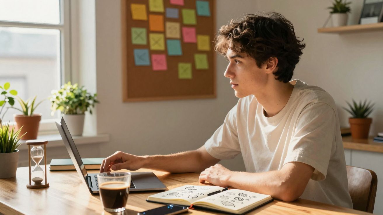 Jovem a trabalhar num computador portátil numa mesa com caderno, café e plantas num ambiente iluminado.