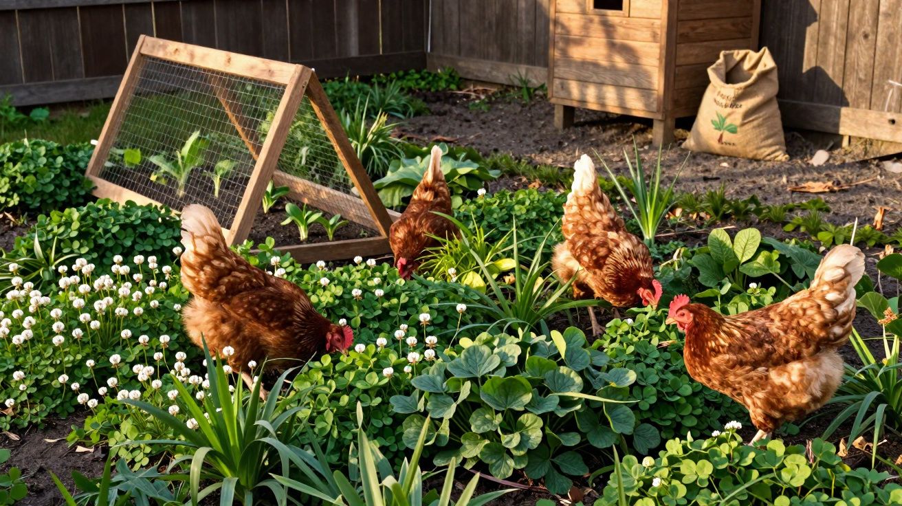 Quatro galinhas marrons a ciscarem num jardim verde com flores brancas e cerca de madeira ao fundo.