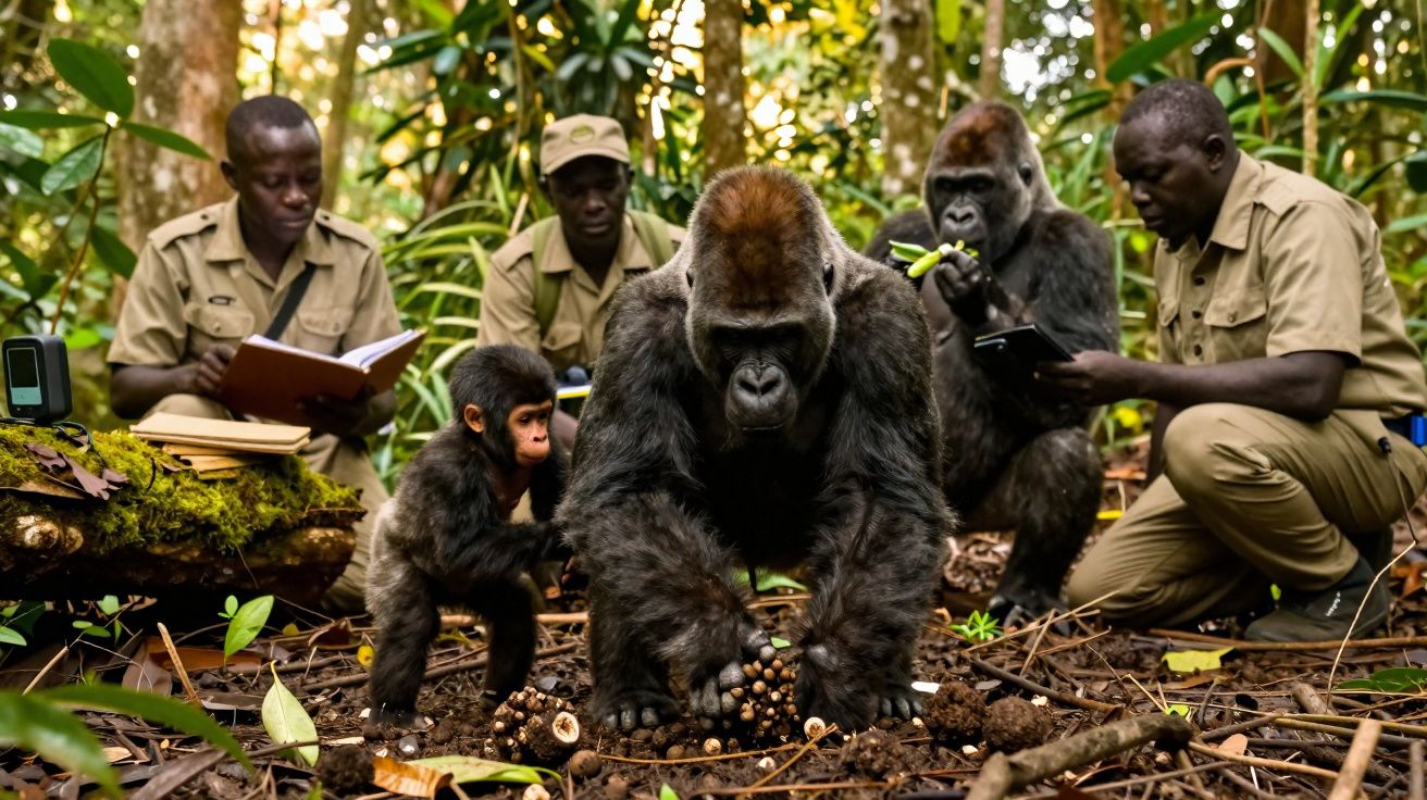 Guardiões florestais observam gorilas e um bebé gorila numa floresta densa, registando dados no solo.