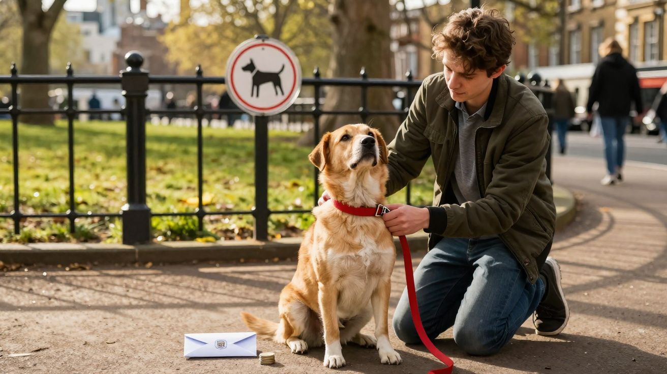 Jovem ajoelhado a prender trela a cão em parque, com placa de cão e envelope no chão.