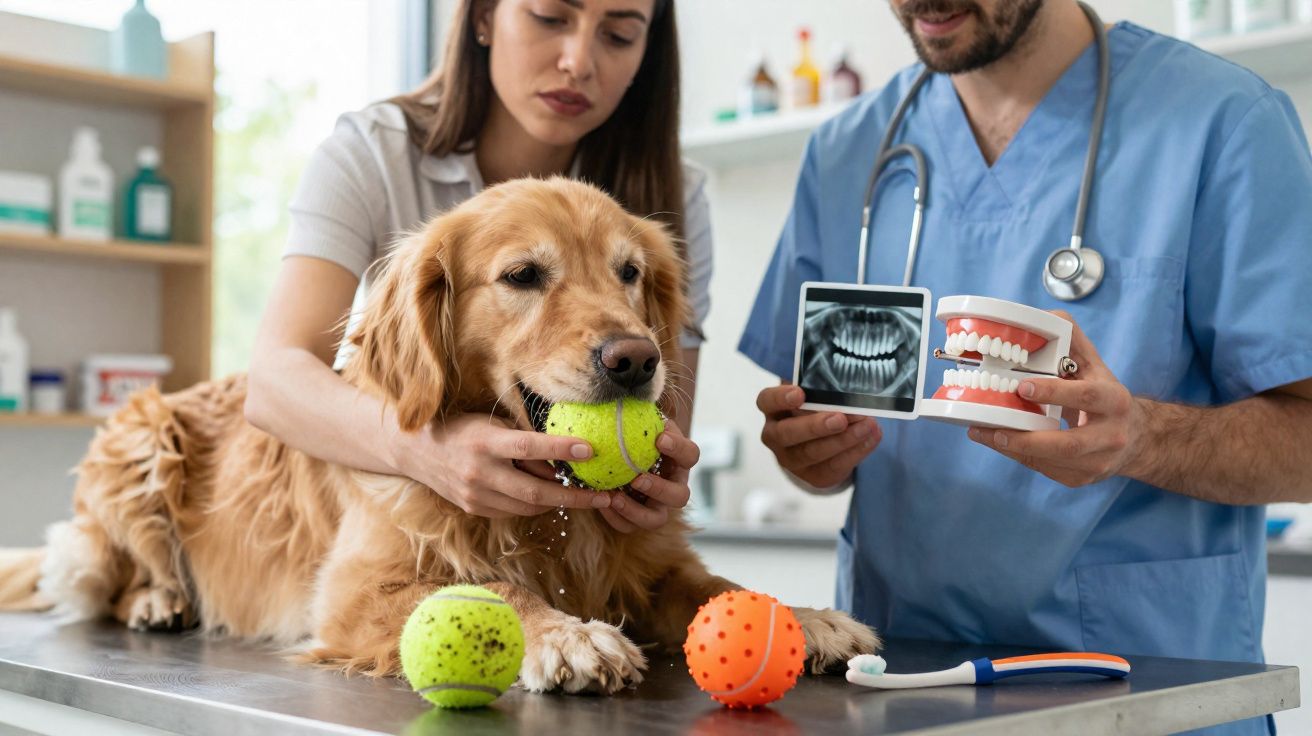 Veterinário mostra raio-x dental e modelo de dentes enquanto dono segura cão com bola na boca numa consulta.