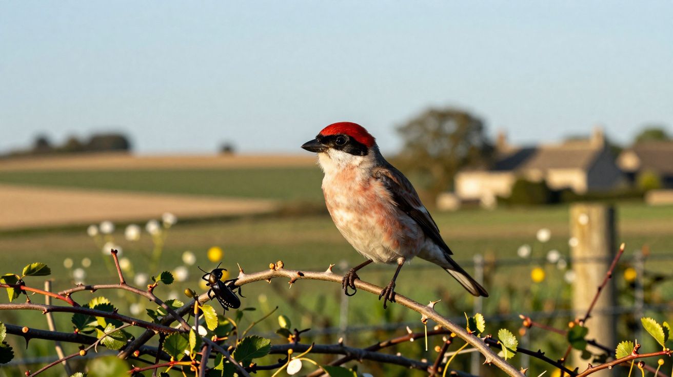 Pássaro de cabeça vermelha sentado num ramo espinhoso com campos e casas desfocadas ao fundo.
