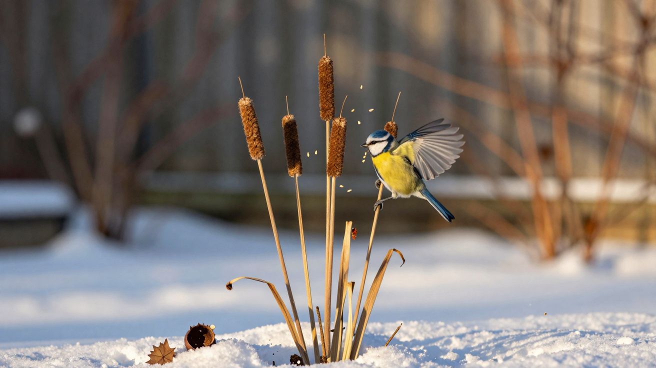 Pássaro azul e amarelo em voo junto a plantas secas na neve com fundo desfocado.