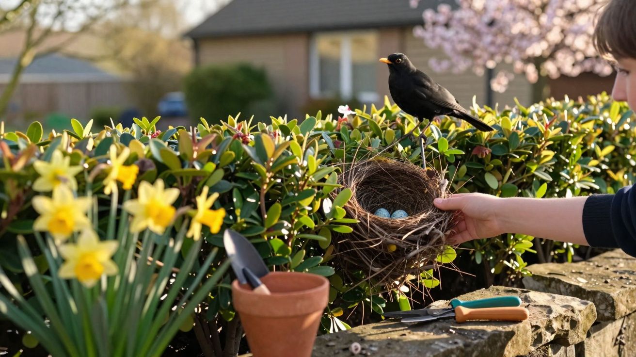 Pessoa a retirar ninhos com ovos azuis de um arbusto enquanto um pássaro preto observa.