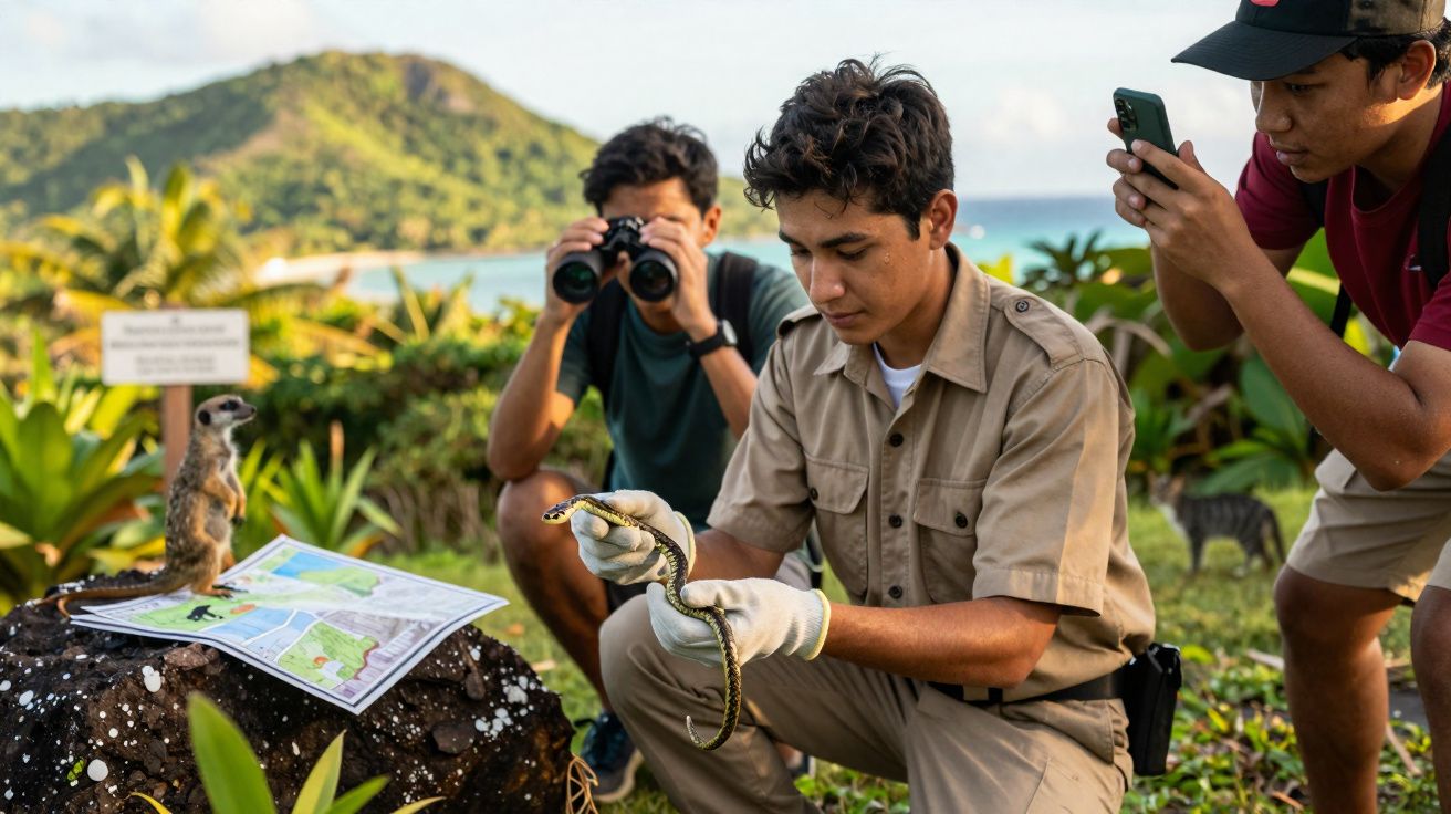 Três homens observam uma cobra segura por um deles, com binóculos, telemóvel e mapa, em ambiente natural junto ao mar.