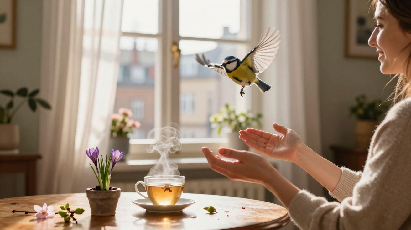 Pessoa sentada junto a uma mesa com chá e planta enquanto um pássaro voa em ambiente acolhedor e iluminado.