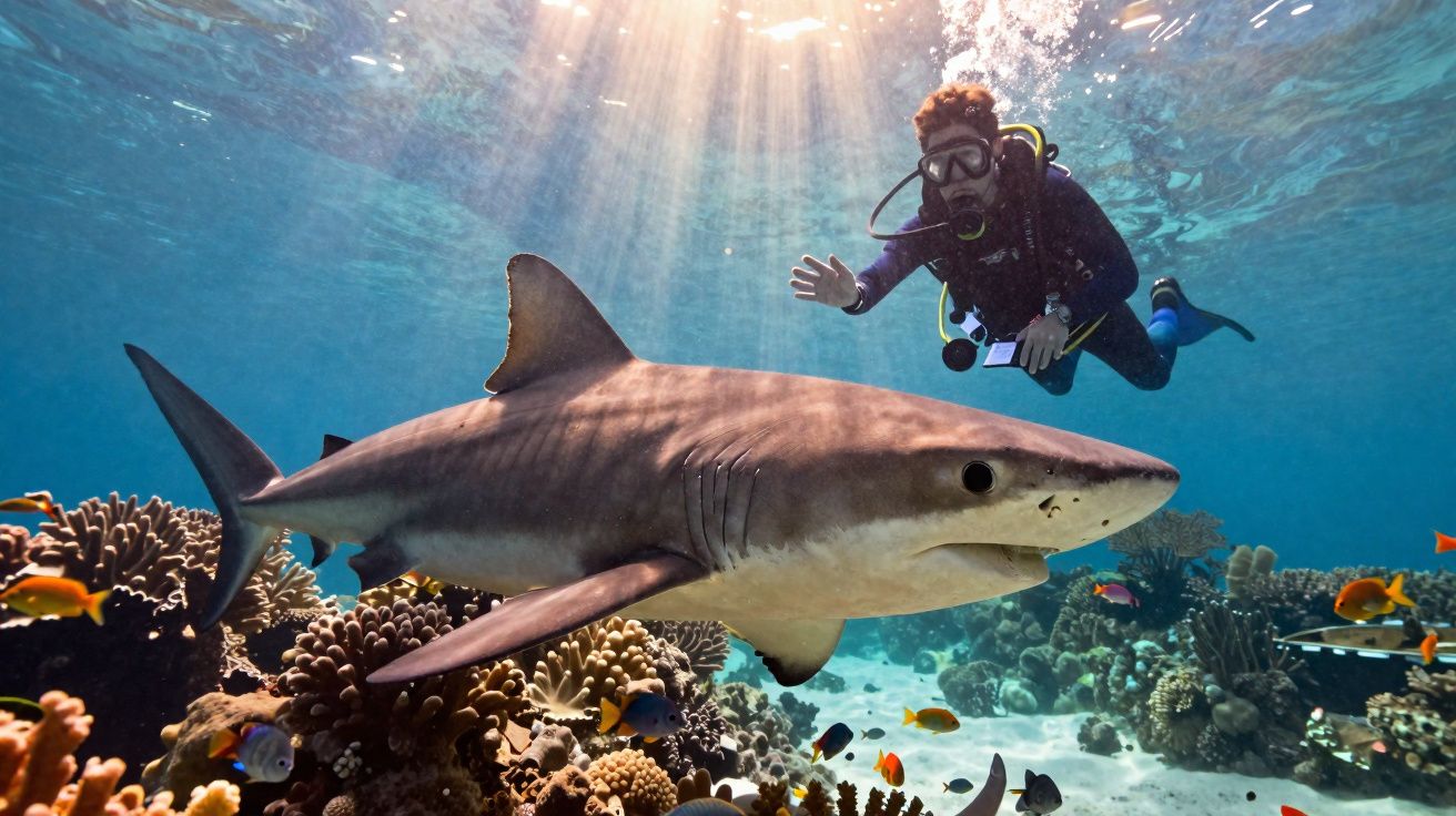 Mergulhador equipado com escafandro perto de um grande tubarão a nadar sobre recife de coral colorido.