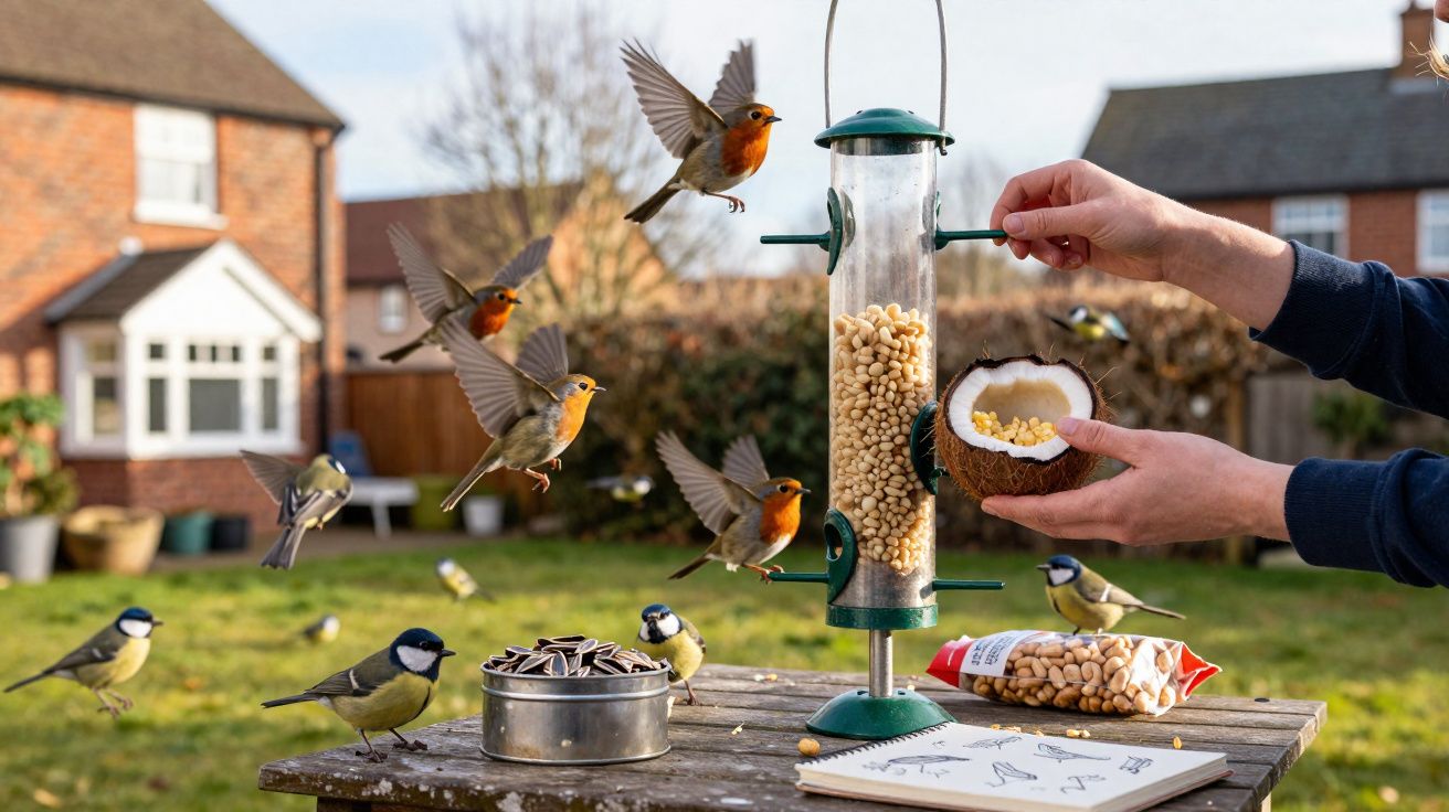 Pessoa a alimentar pássaros com sementes numa mesa de jardim com casas ao fundo.