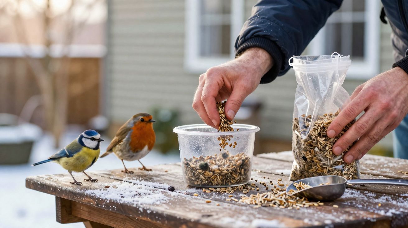 Mãos a servir sementes num prato de plástico para dois pequenos pássaros num banco de madeira com neve.