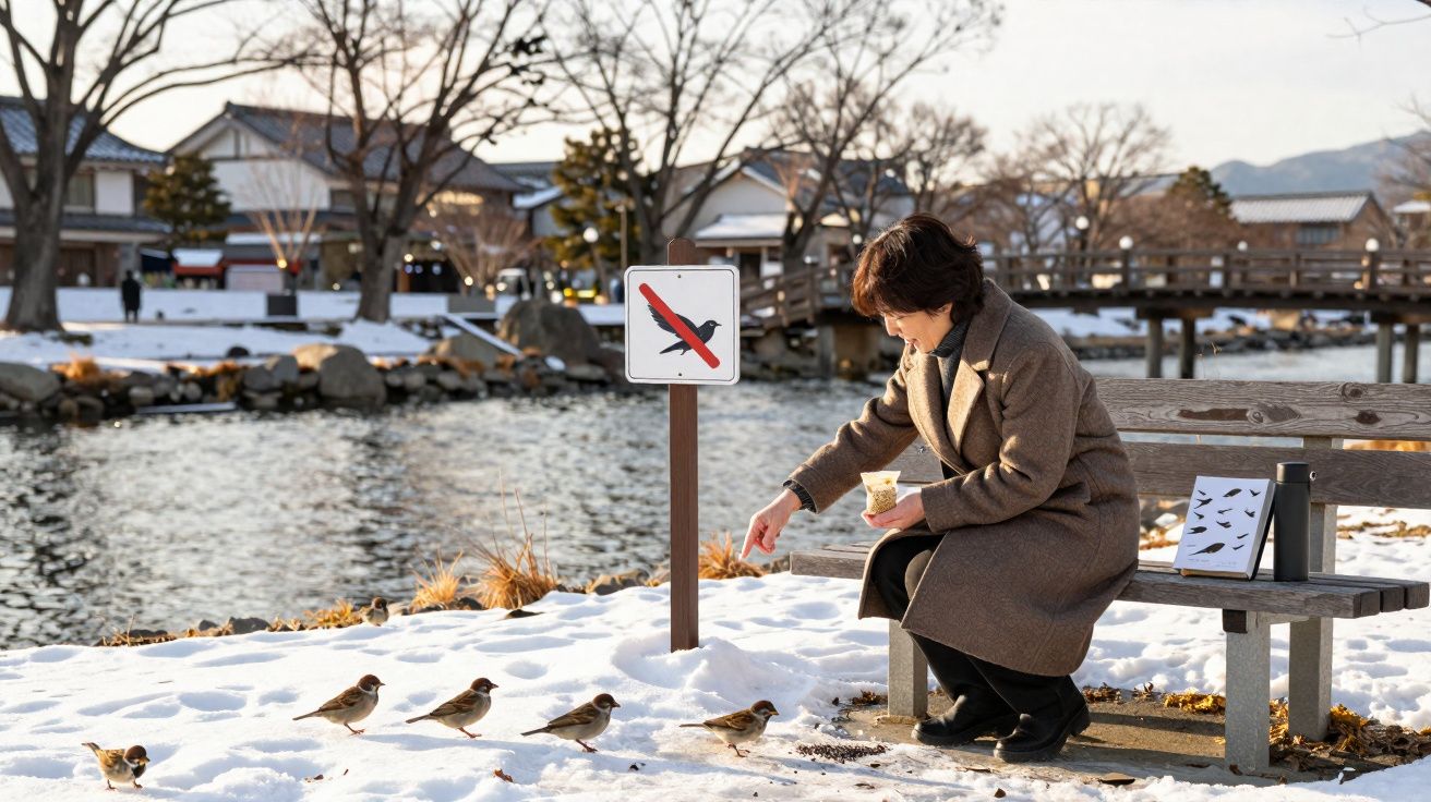 Mulher alimenta pássaros na neve junto a placa que proíbe alimentar aves num parque com lago.