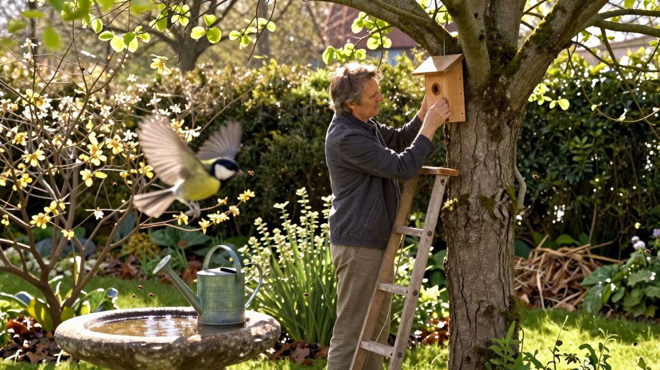 Homem pendura casa de pássaros numa árvore num jardim, com um pássaro voando perto e regador na fonte.