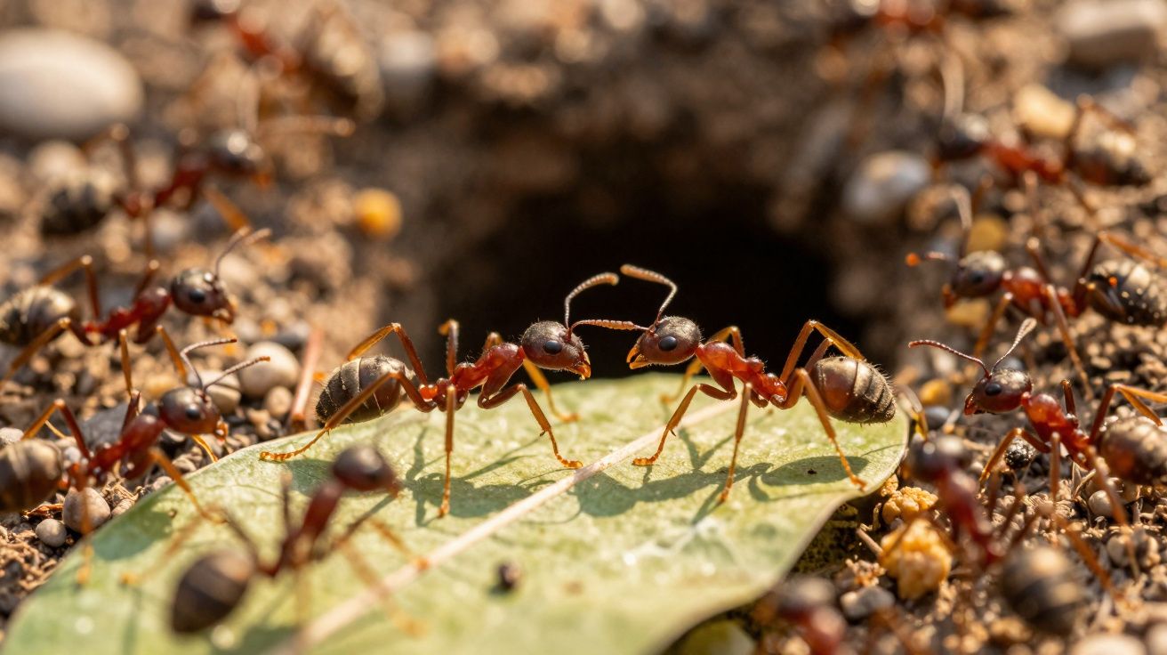 Formigas castanhas trabalhando sobre uma folha perto da entrada do formigueiro na terra.