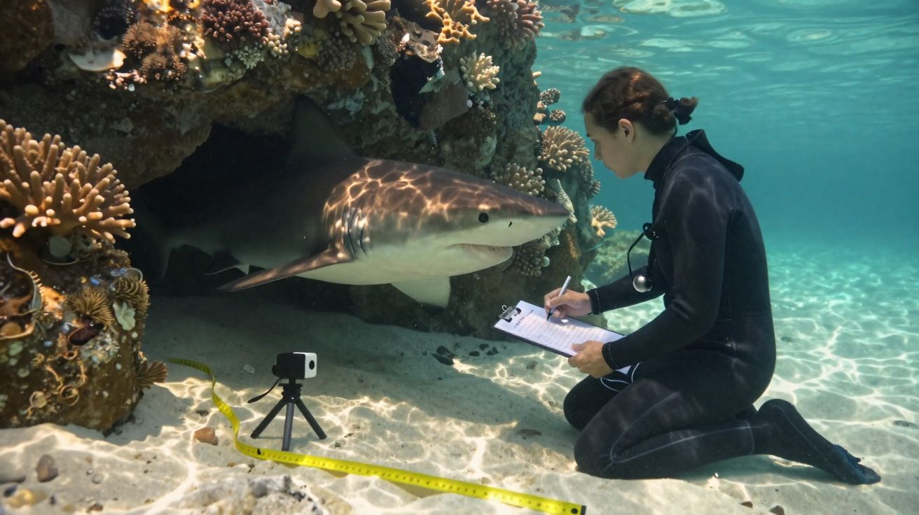 Bióloga subaquática a registar dados junto a um tubarão perto de corais no fundo do mar.