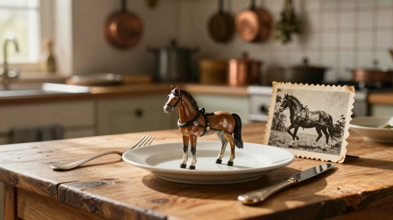 Cavalo de brinquedo num prato branco, com fotografia antiga de um cavalo sobre mesa de madeira numa cozinha.