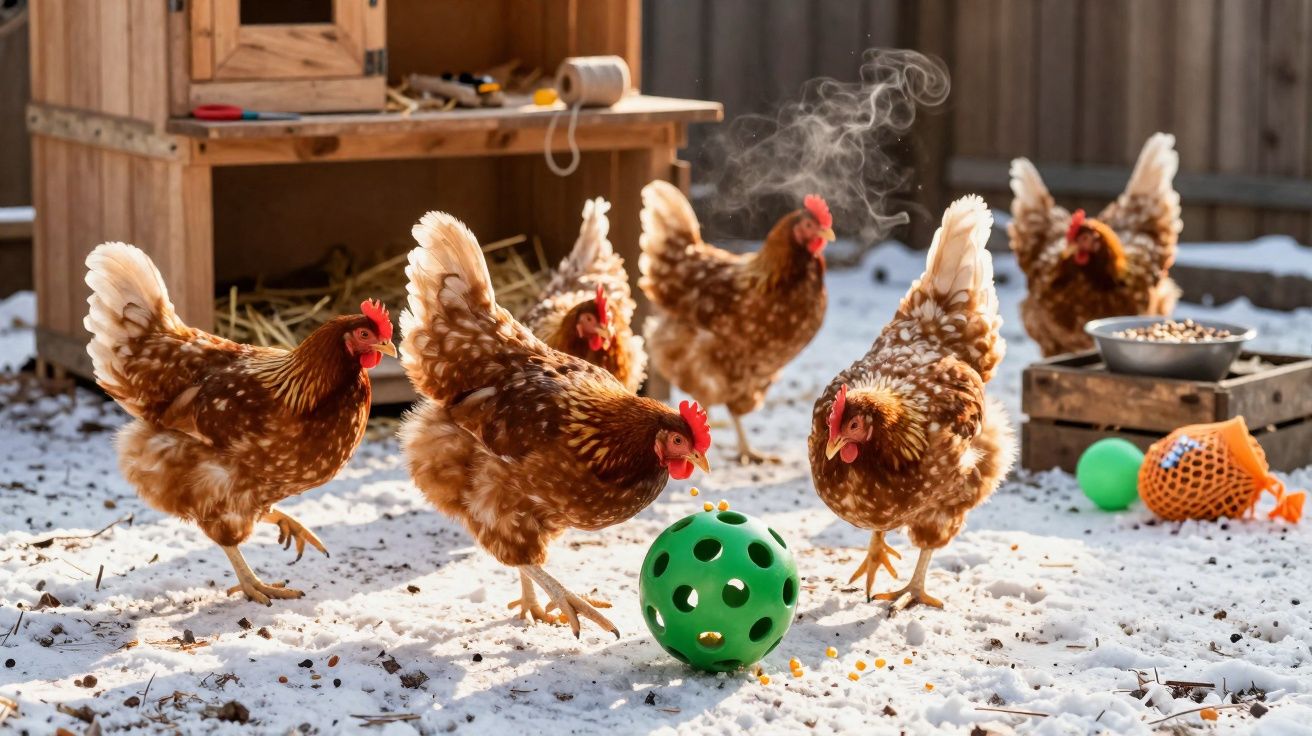 Galinhas castanhas a brincar e alimentar-se na neve perto de um galinheiro iluminado pelo sol.