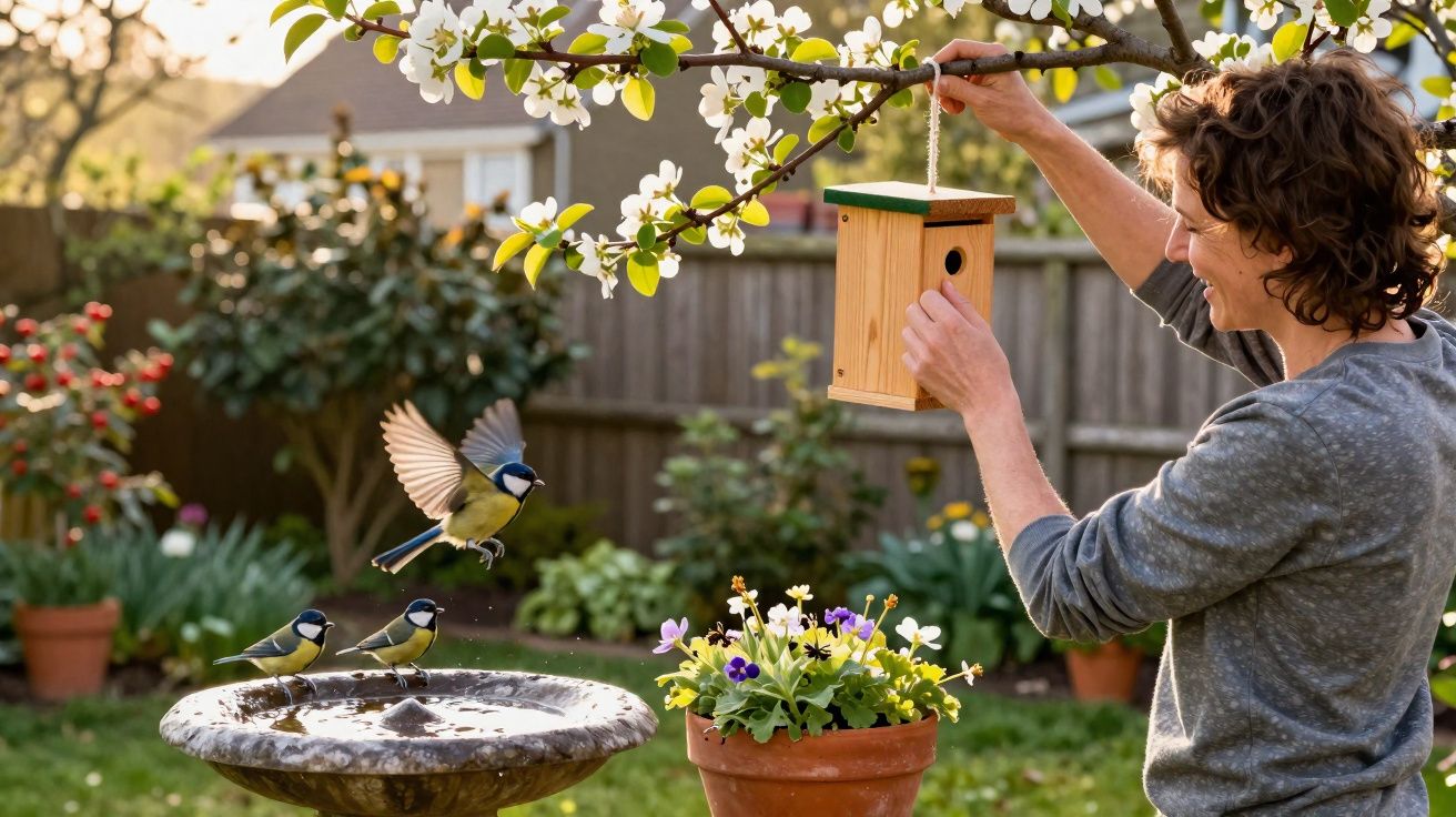 Pessoa a colocar uma casinha de passarinho numa árvore florida num jardim com pássaros junto a um bebedouro.