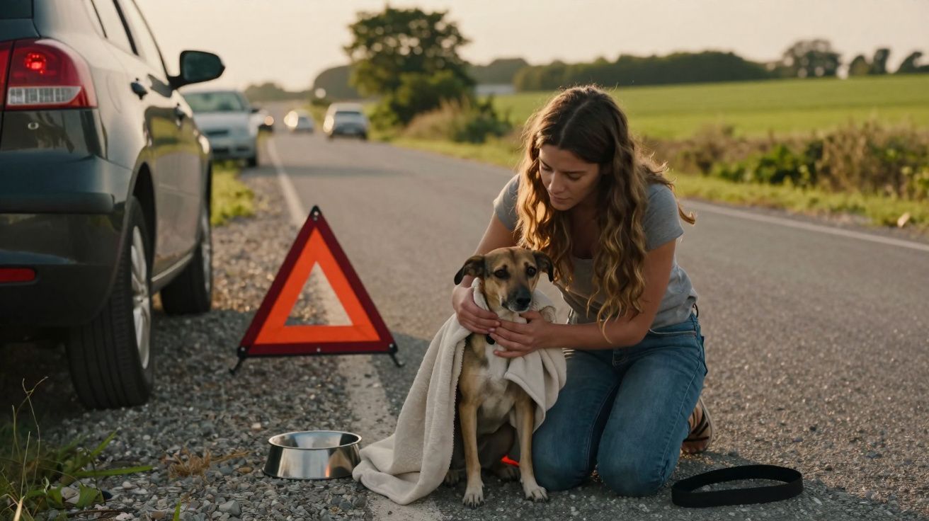 Mulher protege e aquece cão encharcado junto a carro avariado numa estrada rural ao pôr do sol.