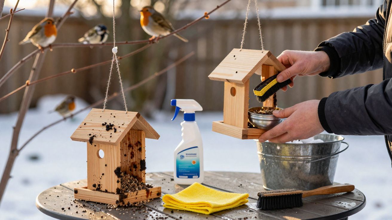 Mãos a limpar com escova comedouro de pássaros de madeira pendurado, com pássaros vermelhos e ferramentas numa mesa.