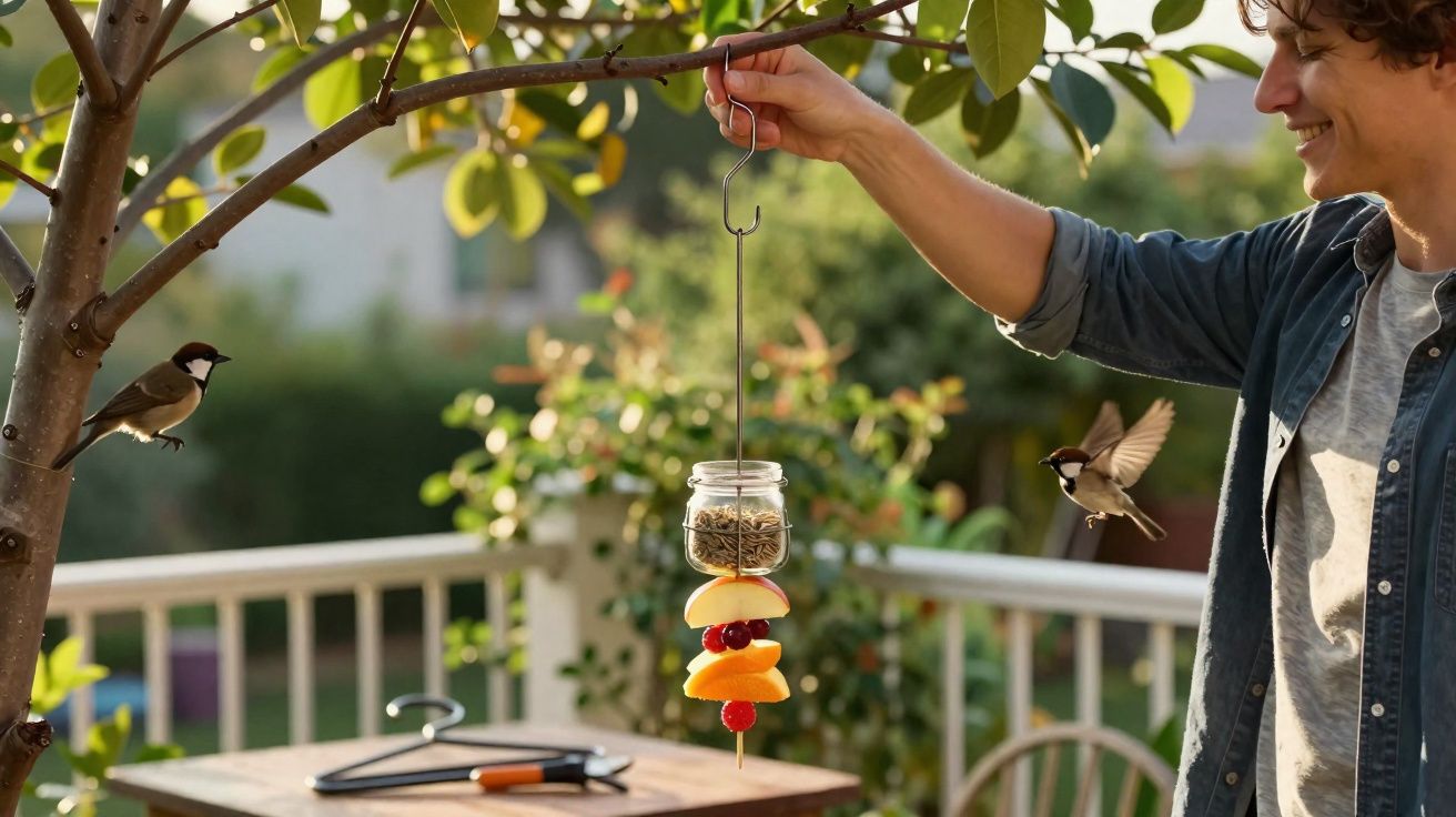 Pessoa segura comedouro artesanal com frutos e sementes pendurado numa árvore, enquanto dois pássaros se aproximam.
