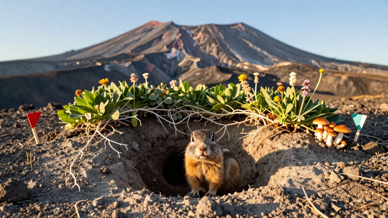 Esquilo à entrada da toca com planta florida e cogumelos, montanha vulcânica ao fundo.