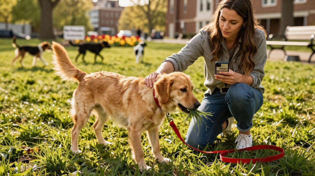 Mulher agachada a fazer carinho num cão dourado que mastiga relva num parque urbano ensolarado.